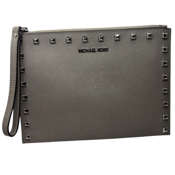 Michael Kors EUC Gray Saffiano Leather Studded Jet Set Travel XL Wristlet - Picture 1 of 12
